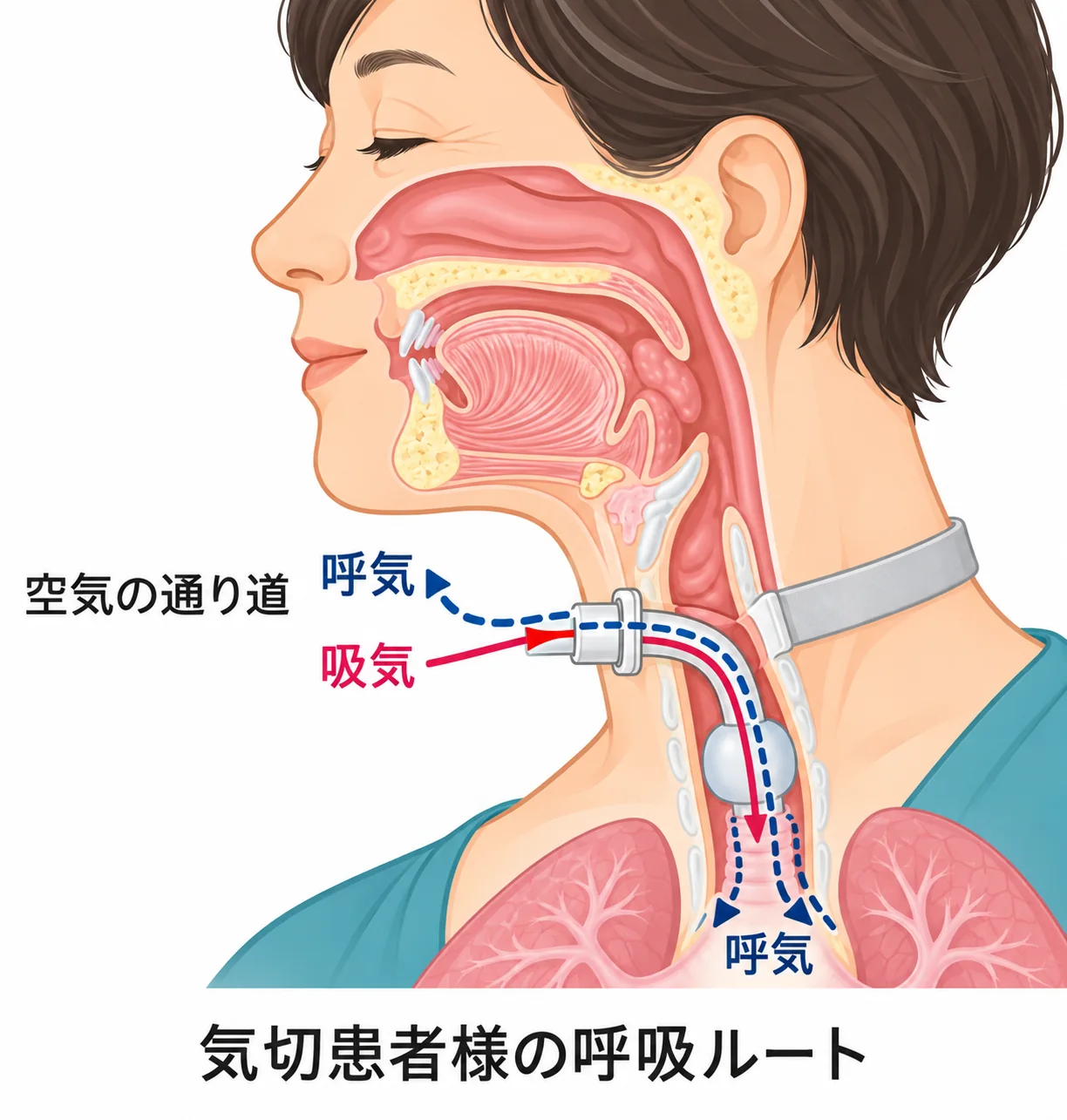 気管切開患者の呼吸ルートのイラスト。吸気はカニューレから肺へ、呼気はカニューレから外へ出る