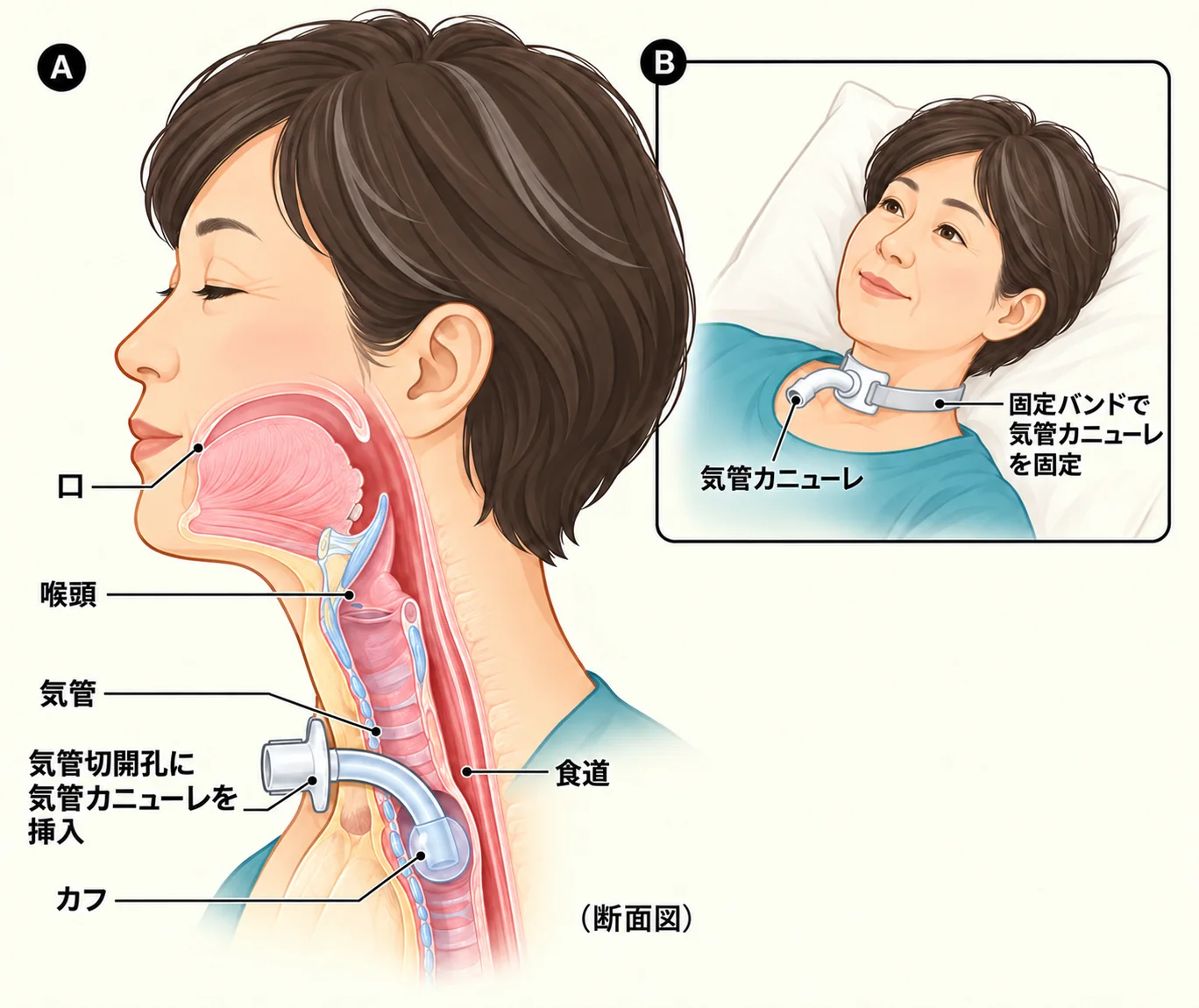 気管カニューレを挿入した首の断面図。口・喉頭・気管・食道・カフの位置と、固定バンドでの固定
